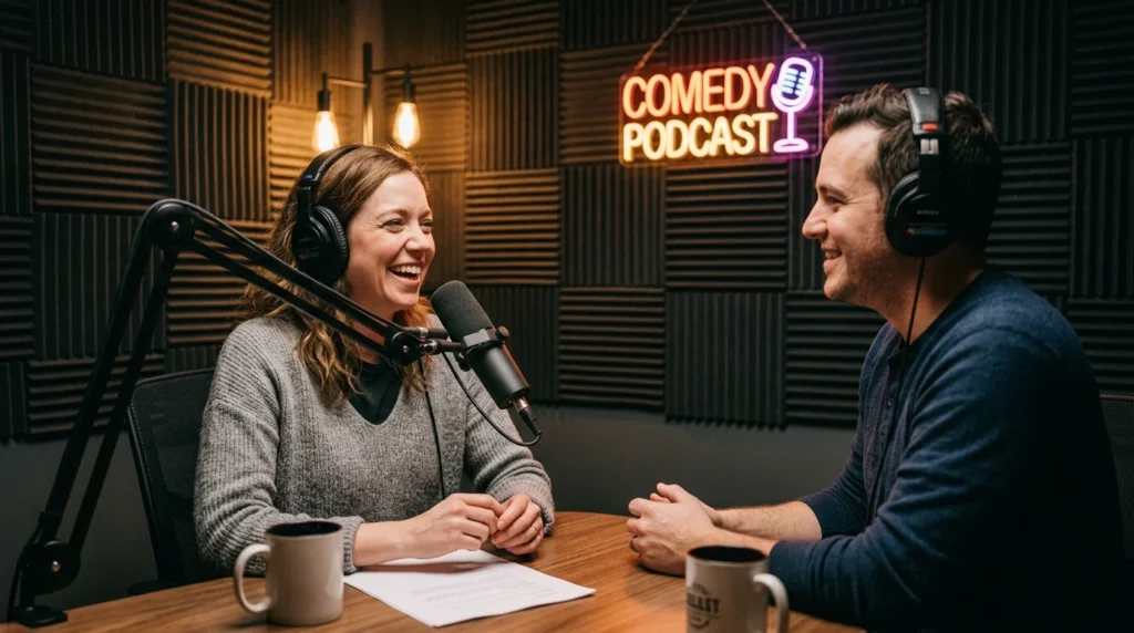 Mae Planert recording a comedy podcast episode in a studio
