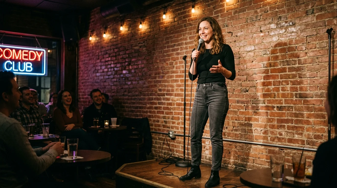 Mae Planert performing stand-up comedy on a New York club stage