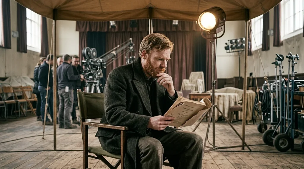 Brian Gleeson between takes on a film set reading a script