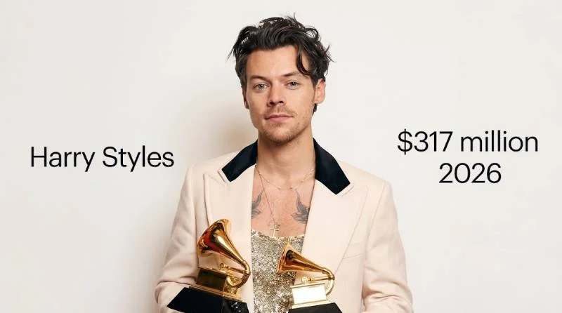 Harry Styles performing on stage at a sold-out stadium concert