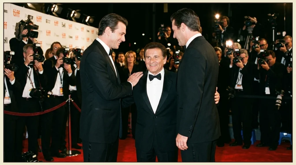 Joe Pesci beside two taller co-stars at a premiere