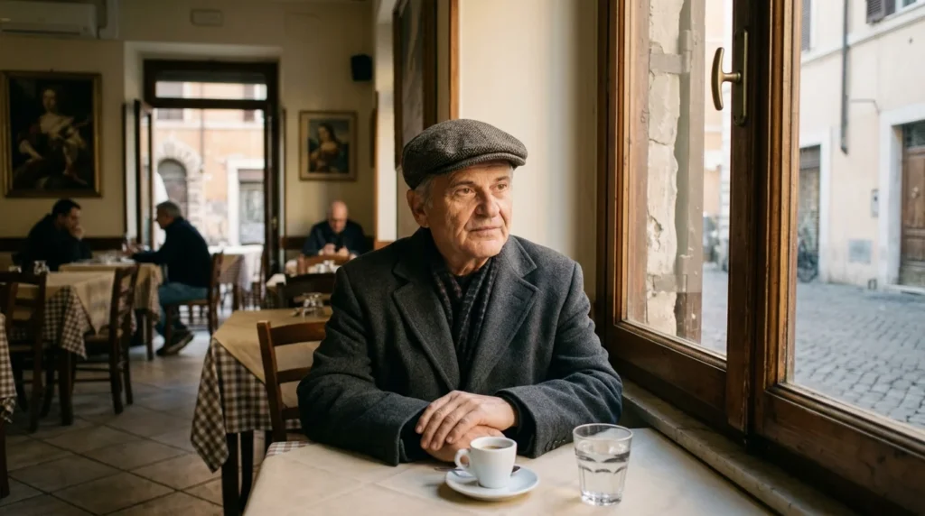 Joe Pesci seated in a quiet restaurant in a later-career portrait