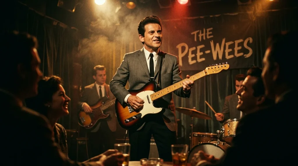 Joe Pesci playing guitar on stage as a young musician