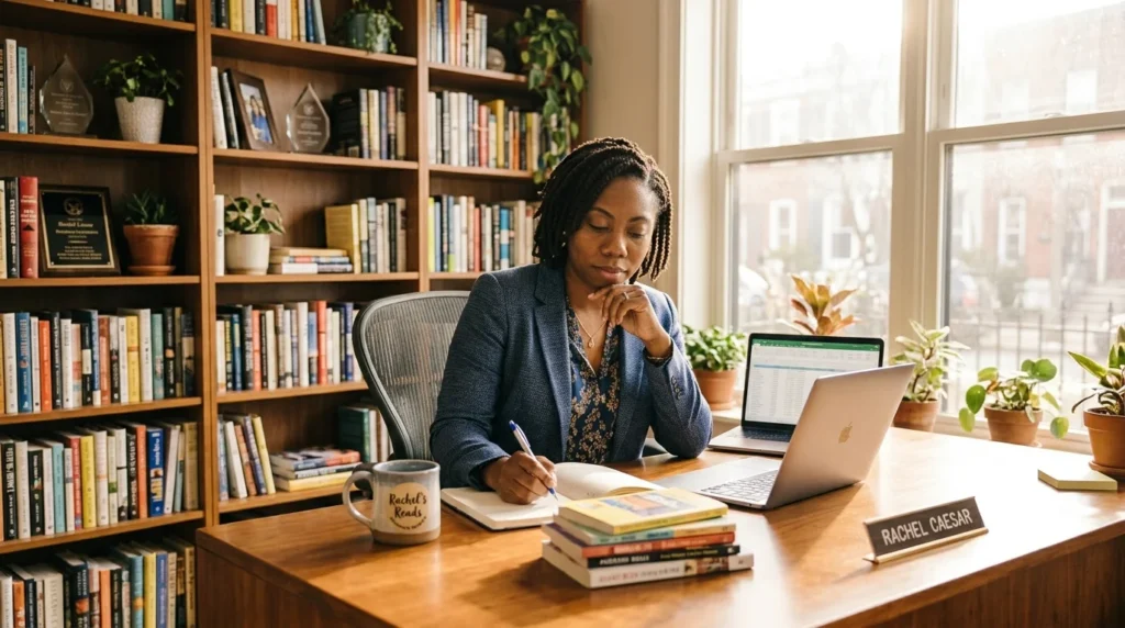 Rachel Caesar writing at her desk, author of Don't Touch My Hair