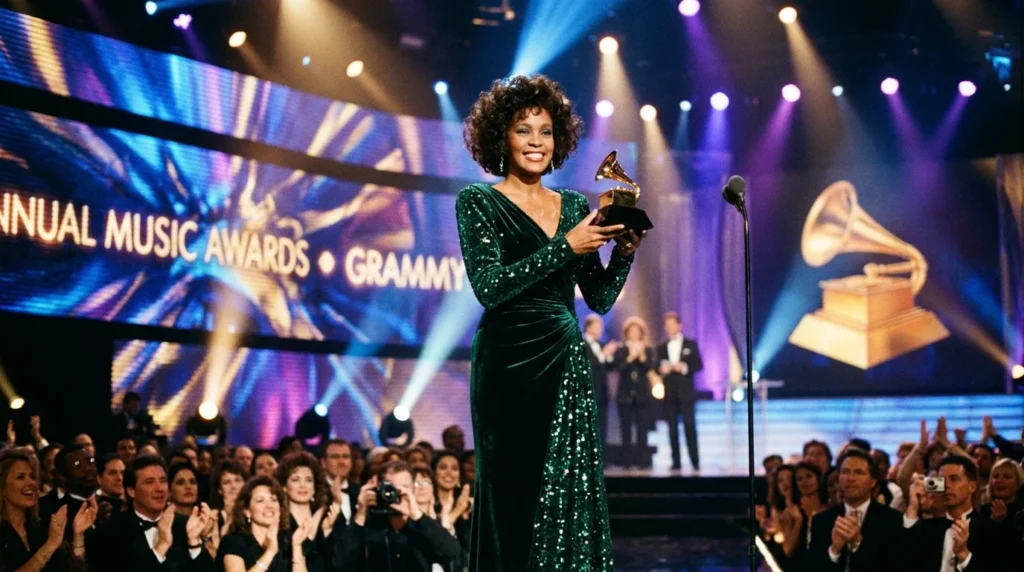 Whitney Houston holding an award at a music awards ceremony